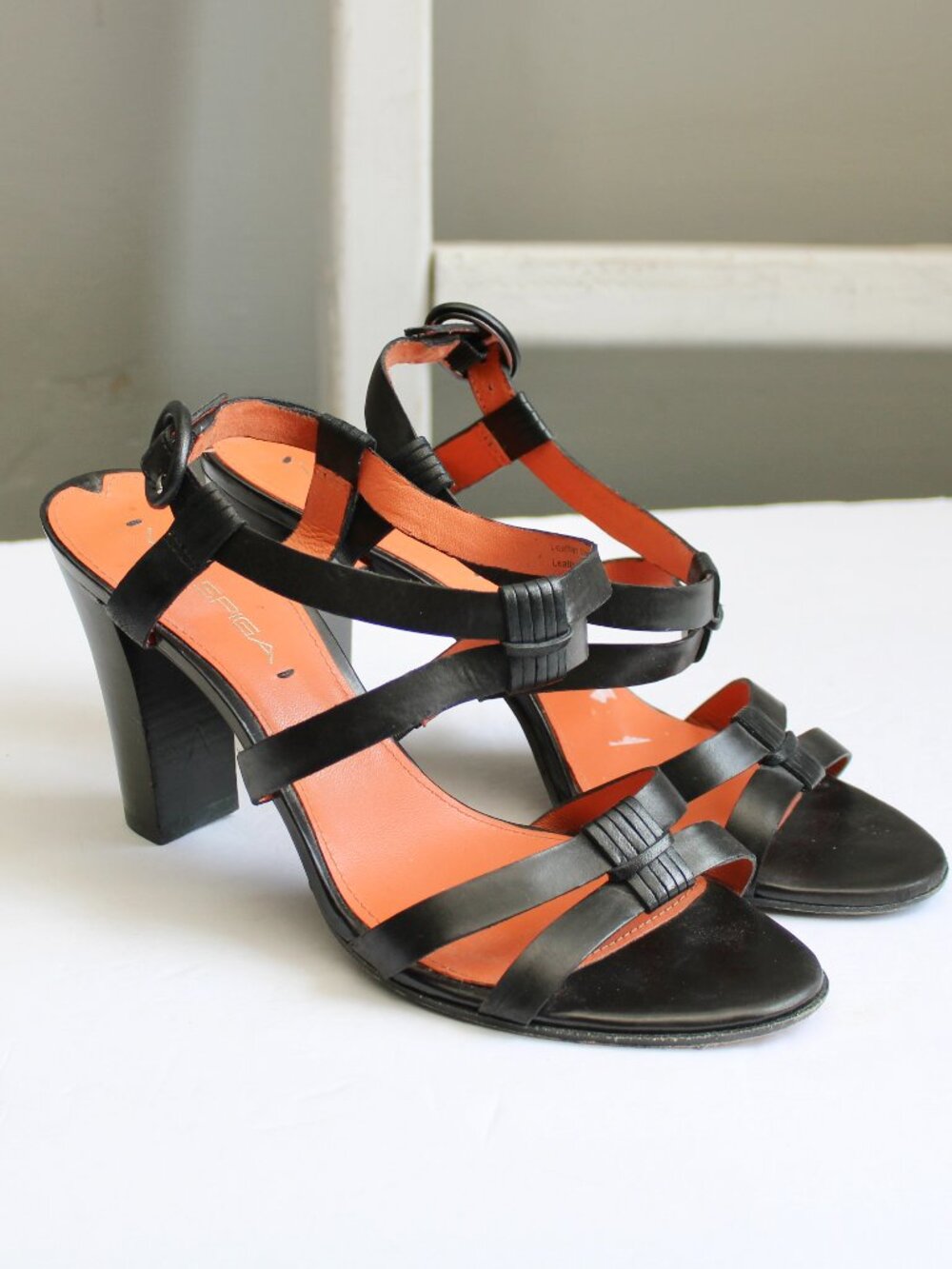 Via Spiga Ruslana Multi Strap Black Leather Sandal Heels Women's Size 7.5
